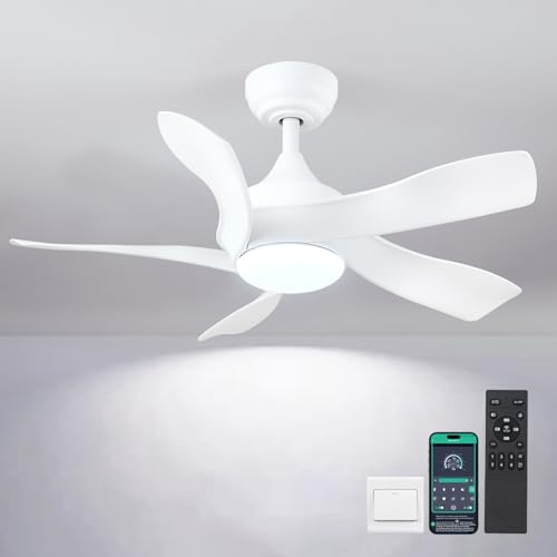 36 Inch Ceiling Fans with Lights Remote/APP Control, 2 Downrods Flush Mount Ceiling Fans with Reversible 5 Curved Blades, 6 Speeds 3 Colors Dimmable for Bedroom Dining Room Kids Room, White