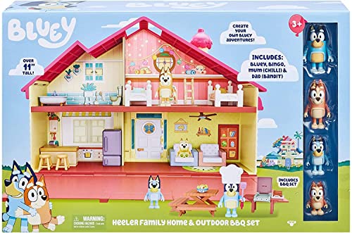 Bluey Mega Bundle Family Home & BBQ Playset &ndash; Amazon Exclusive, 4 Figures (Bluey, Bingo, Bandit, Chilli), 13+ Removable Furniture Pieces, Outdoor Patio, Accessories, Imaginative Playset for Kids 3+