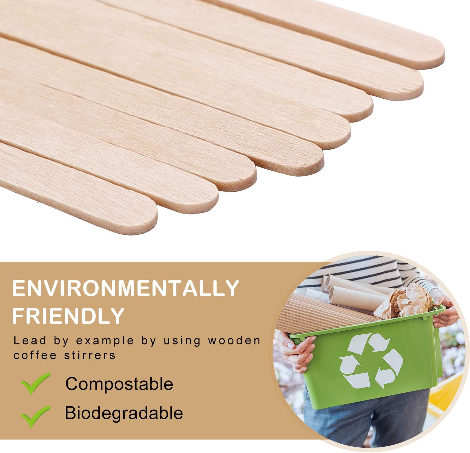 HLSN Wooden Stir Sticks-Disposable Drink Stirrer Coffee Stirrers, 5.5 Inches 500PCS Individually Wrapped Natural Birch Degradable Food Grade Certification