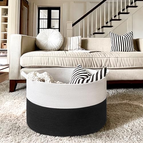 INDRESSME Large Storage Basket, 21.7'' x 13.8'' Cotton Rope Blanket Basket Living Room, Toy Organizers and Storage with Handles for Kids, Laundry Basket for Clothes, Towel, 90L Grey