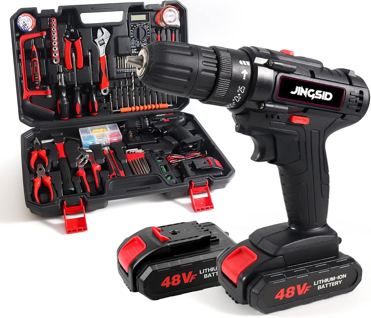 21V Cordless Power Drill Set, 153Pcs Household Power Tools Drill Set with 2 Batteries, 1H Fast Charger, 24+1 Torque Setting, 2 Variable Speed Power Drill Set, Household Hand Tool Kit for Home Repair