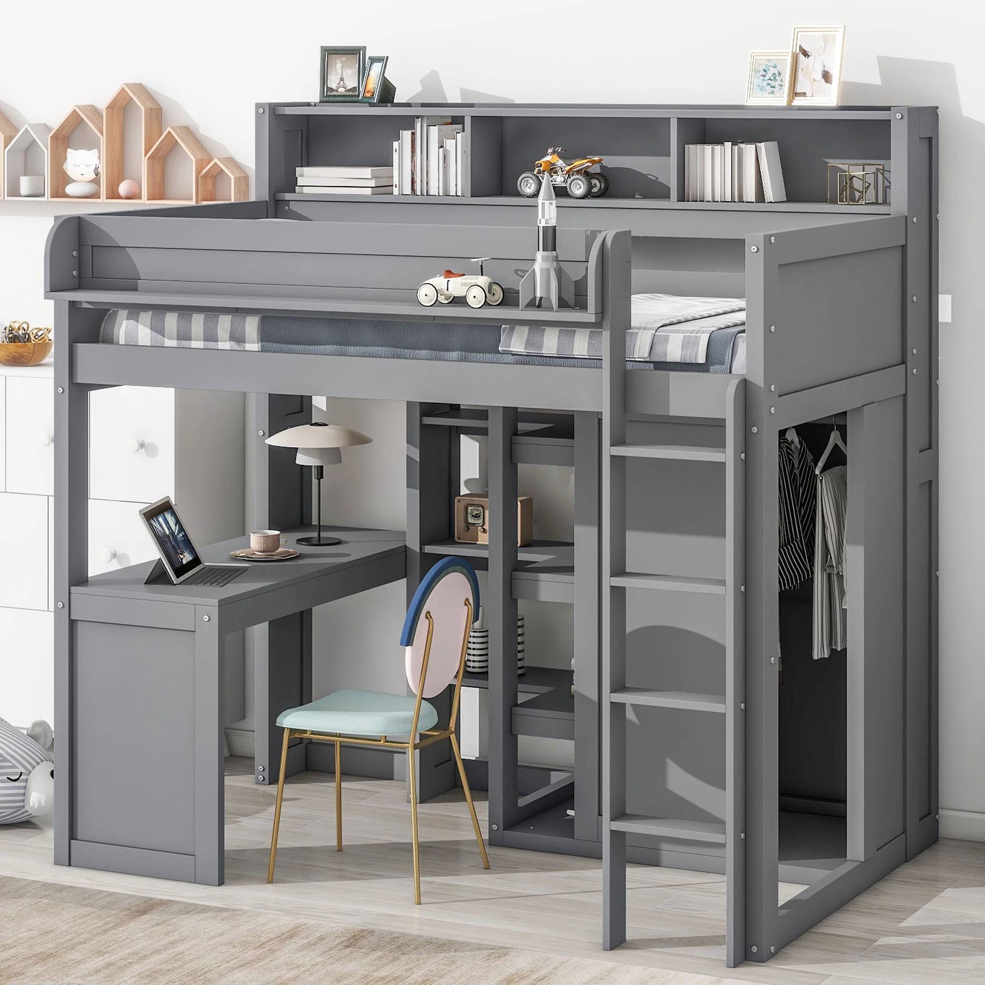 Euroco Pine Wood Twin Size Loft Bed with Desk, Wardrobe with Clothes Hanger and Display Shelves for Kids Bedroom, Gray