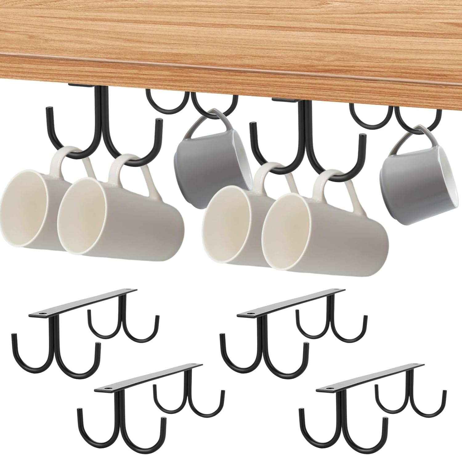 6 Pack Under Cabinet Mug Rack, Cabinet Hook Mug Holder - Hanging Coffee Cup Rack with 24 Hooks, Cup Organizer for Kitchen Cabinets and Storage Handing Coffee Cup Utensils Display, Black