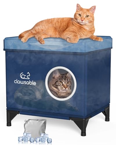 Cooling Cat House for Outdoor/Indoor Cats in Summer,Waterproof & Weatherproof Elevated Insulated Outside Feral Cat Shelter for Stray Barn (Dark Blue, 17