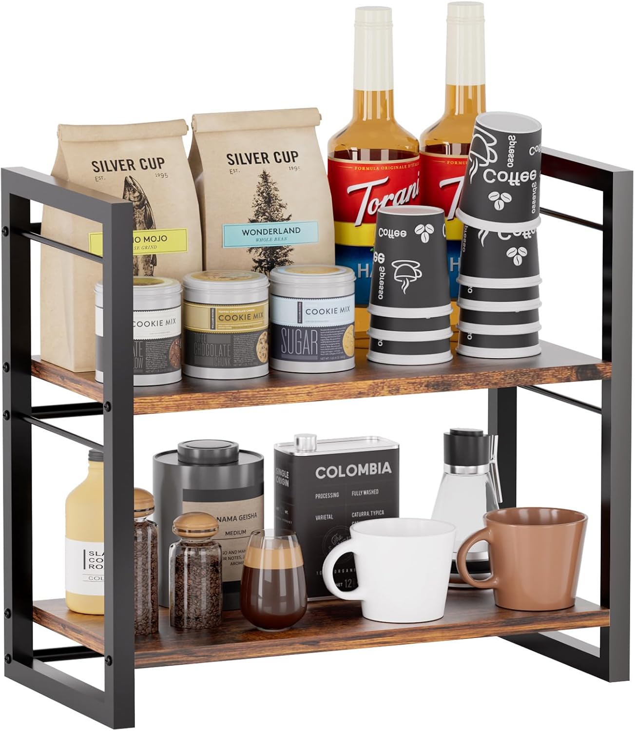 Spice Rack Kitchen Countertop Organizer, Wood Coffee Bar Accessories Counter Shelf, 2 Tier Shelf for Cabinet and Tea Station (Brown)