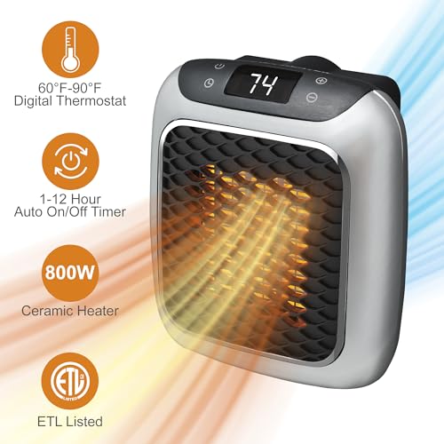 Ontel Handy Heater Turbo Heat 800W Wall Outlet Small Space Heater with Adjustable Thermostat, Programmable 12-Hour Timer, Auto Shut Off - Quiet & Space-Saving Ceramic Mini Heater (Packaging May Vary)