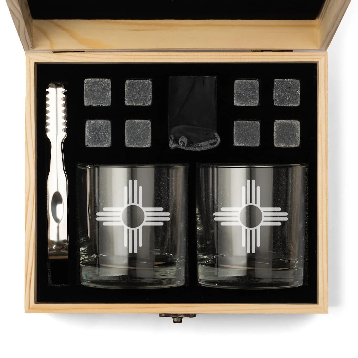 Whiskey Glass Gift Box Set with Whiskey Stones and 2 Rocks Glasses New Mexico Sun Symbol