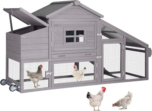 Aivituvin Chicken Coop Outdoor with Wheels, Mobile Hen House Wooden Poultry Cage with Run & Waterproof Roof (Red with White)