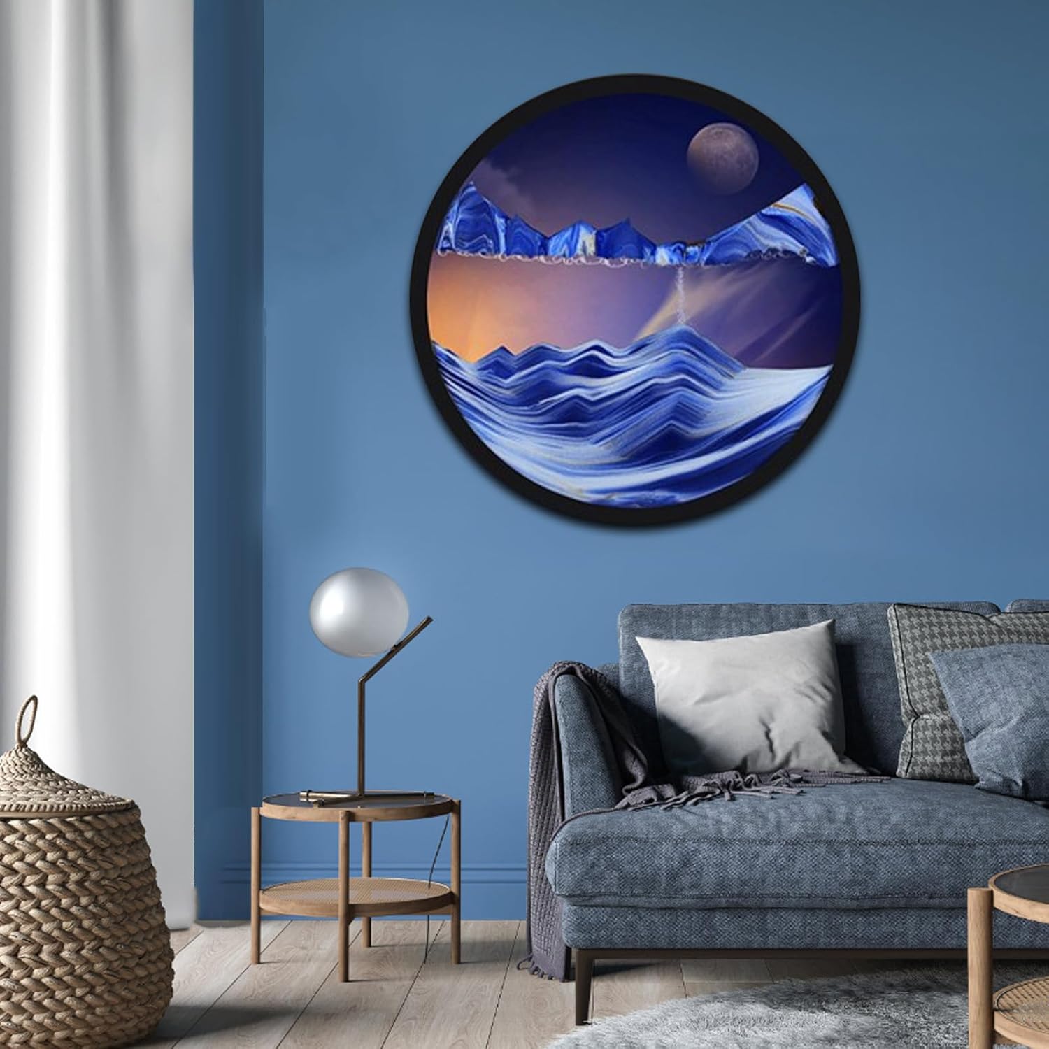 17.3'' Sand Art Liquid Motion 3D Sand Painting Creative Moving Sand Art Living Room Decoration, 360° Rotate, Glass Crafts Solid Wood Frame, Relaxing Mood Home Office Work Decor(Blue)…