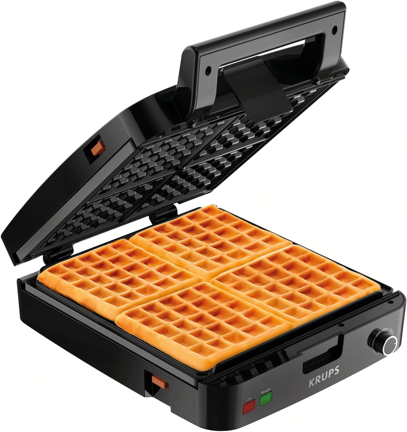 Krups Waffle Maker, Stainless Steel, 4 Slices, 1200 Watts Square, 5 Browning Levels, Removable Plates, Dishwasher Safe, Belgian Waffle Silver and Black