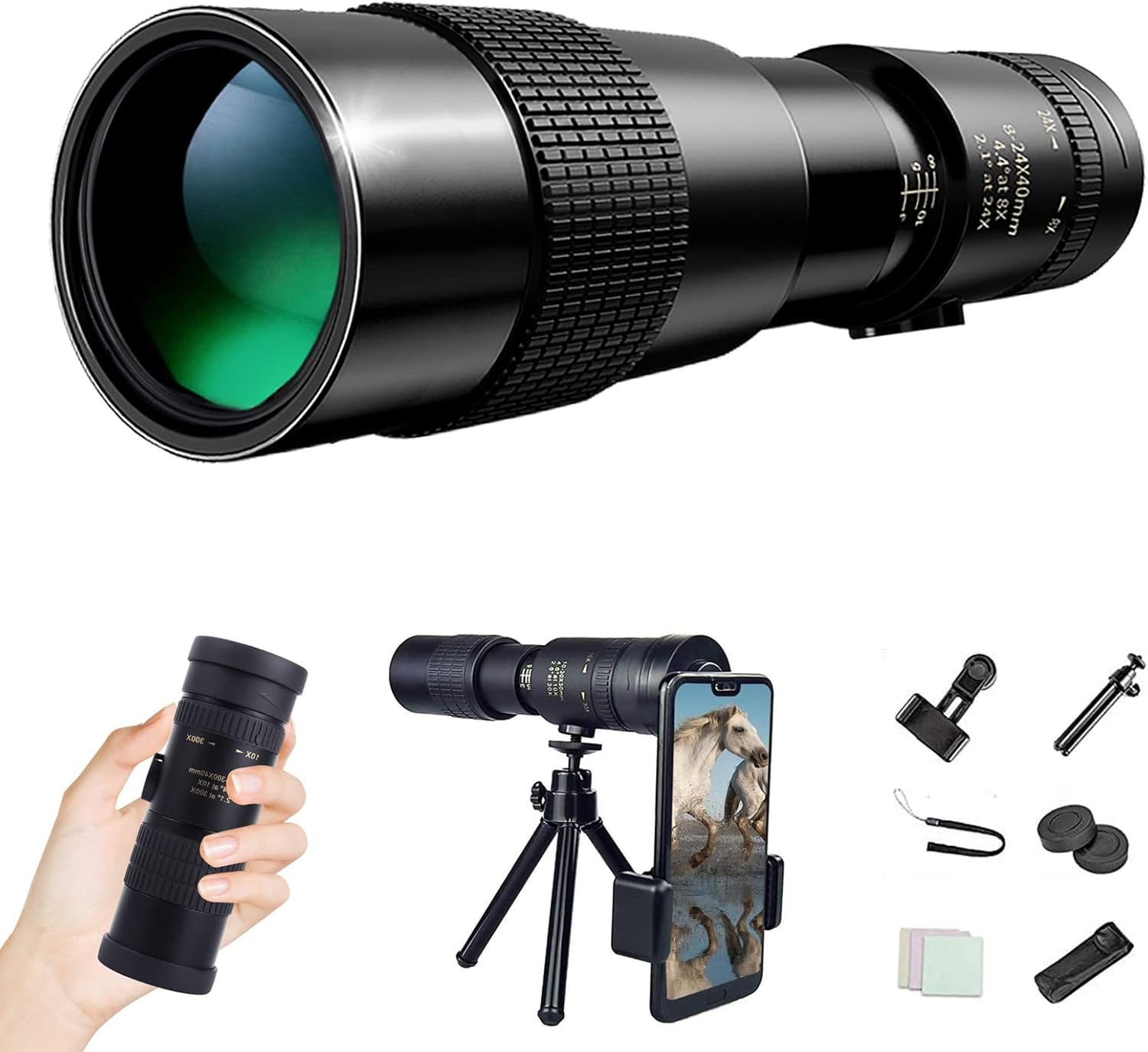 4k 10-300x40mm Super Telephoto Zoom Monocular Telescope with Phone Adapter Tripod Fit Adults for Hiking Hunting Camping Bird Watching Best Gifts for Men