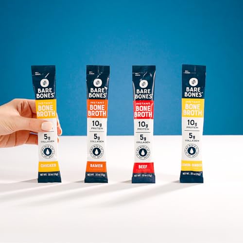 Bare Bones Bone Broth Instant Powdered Beverage Mix, Chicken & Beef, Variety Pack of 32, 16 Chicken & 16 Beef - 15g Sticks, 10g Protein, Keto & Paleo Friendly