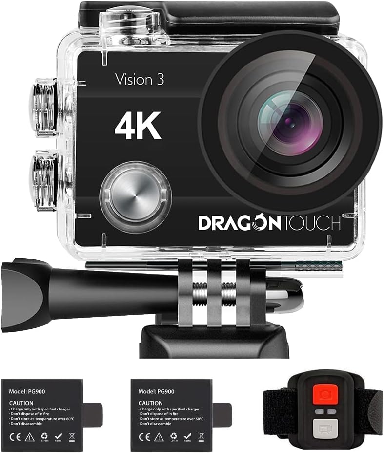 Dragon Touch 4K Action Camera 16MP Vision 3 Underwater Waterproof Camera 170° Wide Angle WiFi Sports Cam with Remote 2 Batteries and Mounting Accessories Kit Pack of 2
