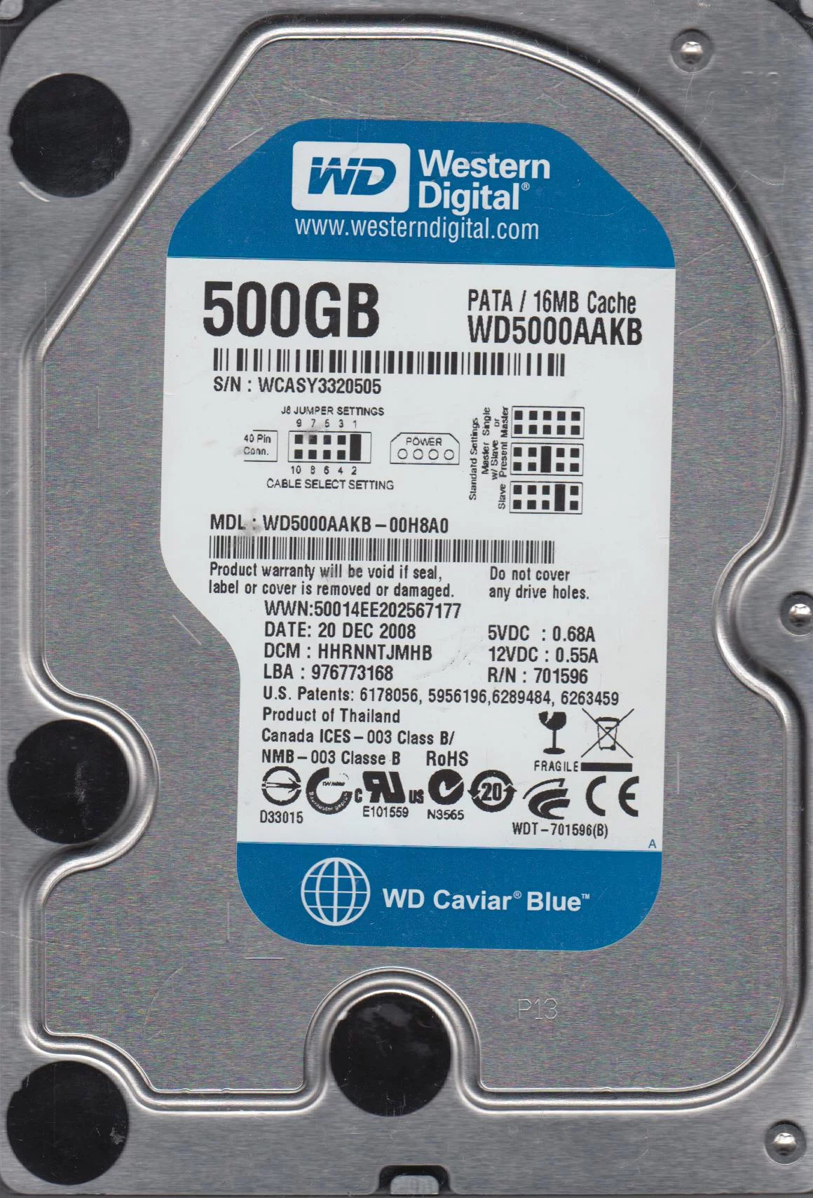 WD5000AAKB-00H8A0, DCM HHRNNTJMHB, Western Digital 500GB IDE 3.5 Hard Drive