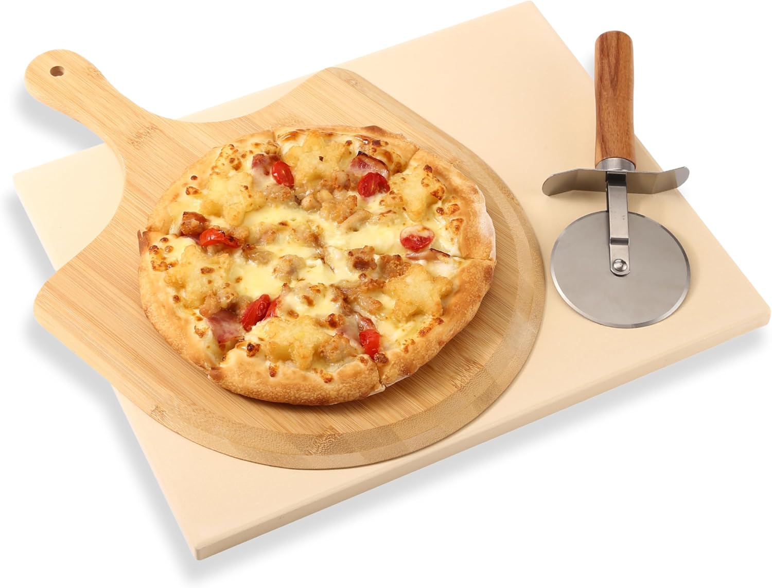 Pizza Stone (Set of 3) - Rectangle Pizza Stone for Oven, Baking Pizza Stone for Grill with Wooden Pizza Peel and Stainless Steel Pizza Cutter, Baking Stone for Pizza, Bread, BBQ