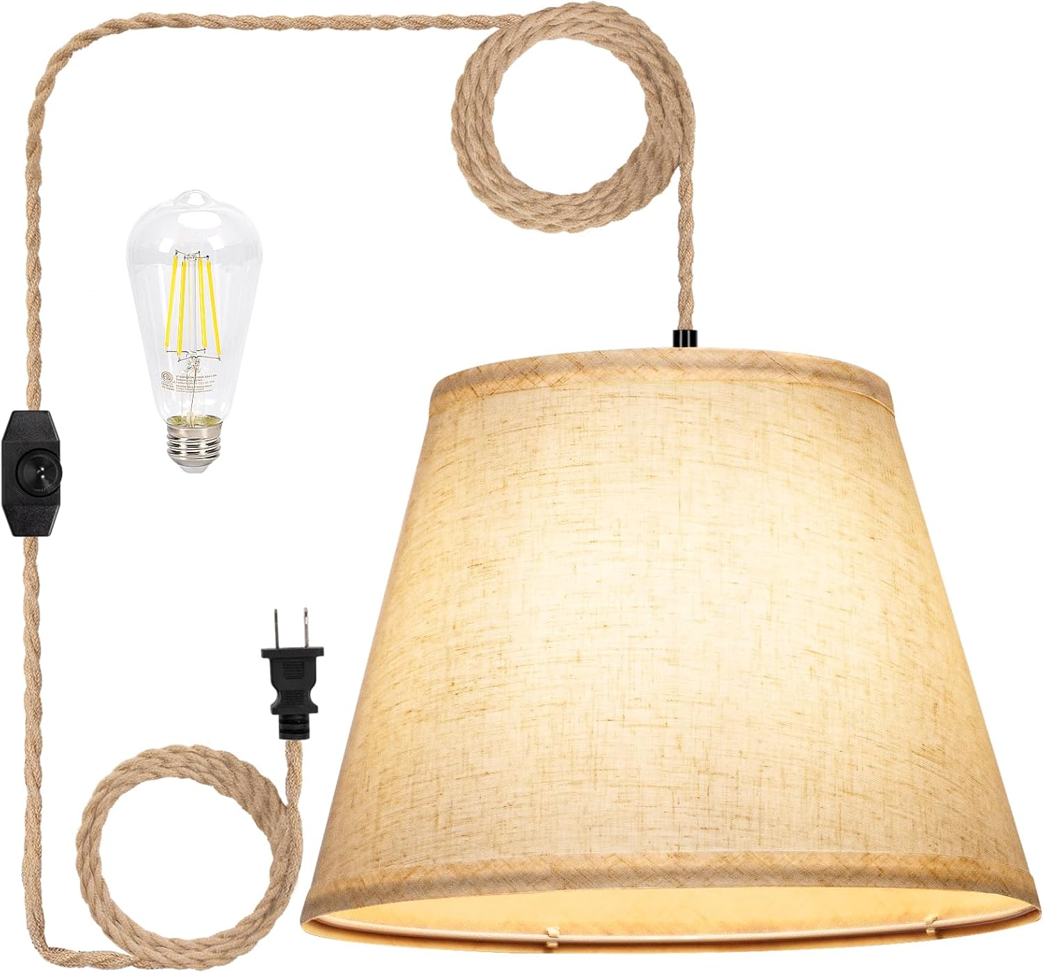 Dexnump Plug in Pendant Light, Hanging Light with Plug in Cord Dimmable Switch, Hanging Lamp with 15 ft Hemp Rope Cord, Pendant Light Fixture for Bedroom Kitchen Island Living Room (Bulb Included)