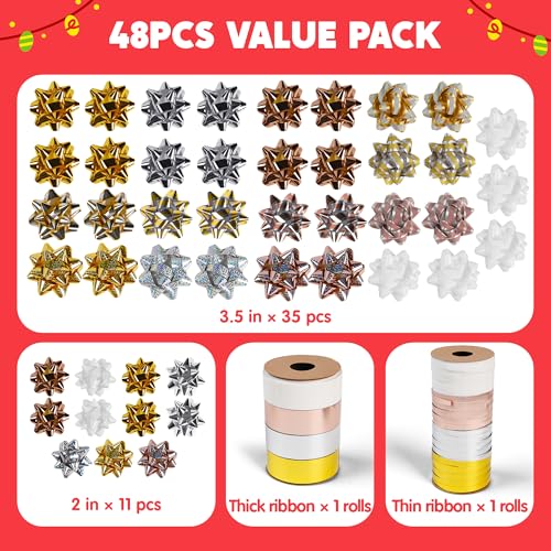 JOYIN 46PCS Christmas Bows and 2 Rolls of Ribbon Assortment, Multi-Colored Size Assort Self Adhesive Gift Bows and Curling Ribbons for Gift Wrapping, Birthday Wedding Xmas Presents Decoration