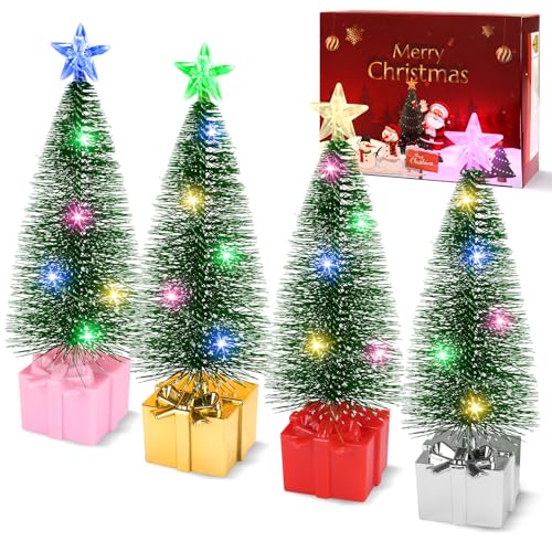 Mini Christmas Tree with Lights, 4 Pack Tabletop Christmas Tree with LED Lights for Indoor Christmas Decorations Holiday Party Ornagment, Christmas Centerpieces for Tables (4)