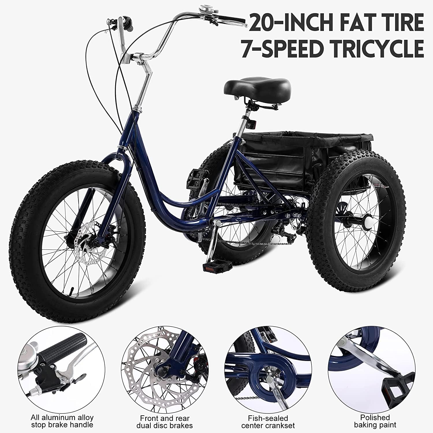 Adult Tricycles, 7 Speed Adult Trikes 20 Inch 3 Wheel Bikes for Adults with Large Basket for Recreation, Shopping, Picnics Exercise Men's Women's Cruiser Bike