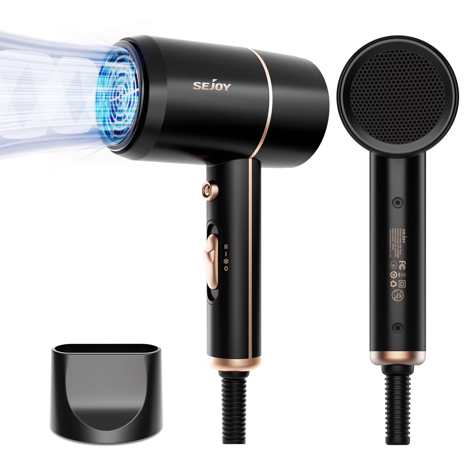 Sejoy Hair Dryer, 1800W Professional Ionic Blow Dryer for Women, Lightweight Portable Travel Hairdryer for Hair Care, Powerful Hot/Cool Wind,Black