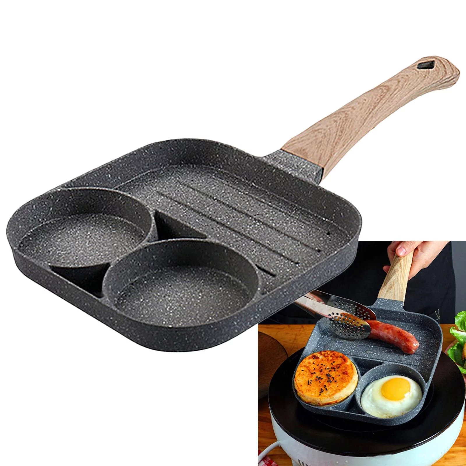 Medical Stone Egg Frying Stick 3-Cup Steak Pancake Sausage Omelet Cooker Pan with Long Kitchen Cooking Tool
