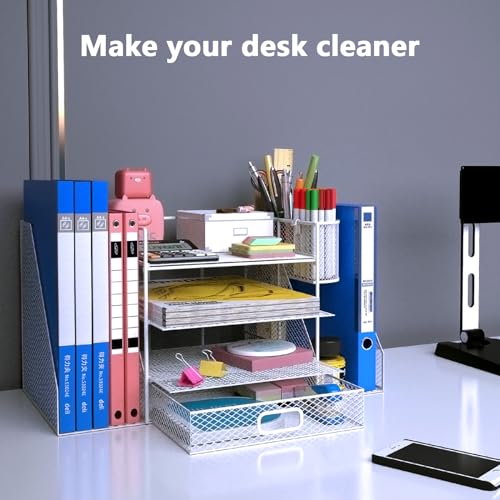 4 Tier Desk Organizer with File Holder,Metal Mesh Desktop Organizer Paper Letter Tray Organizer with Drawer Holder and 2 Pen Holder,for Office Supplies Home or School Storage,(Silver)