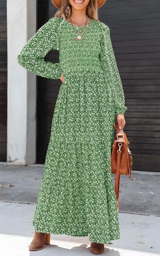 PRETTYGARDEN Women's Fall Dresses 2024 Long Sleeve Flowy Casual Floral Maxi Dress Crew Neck Smocked Tiered Long Dress