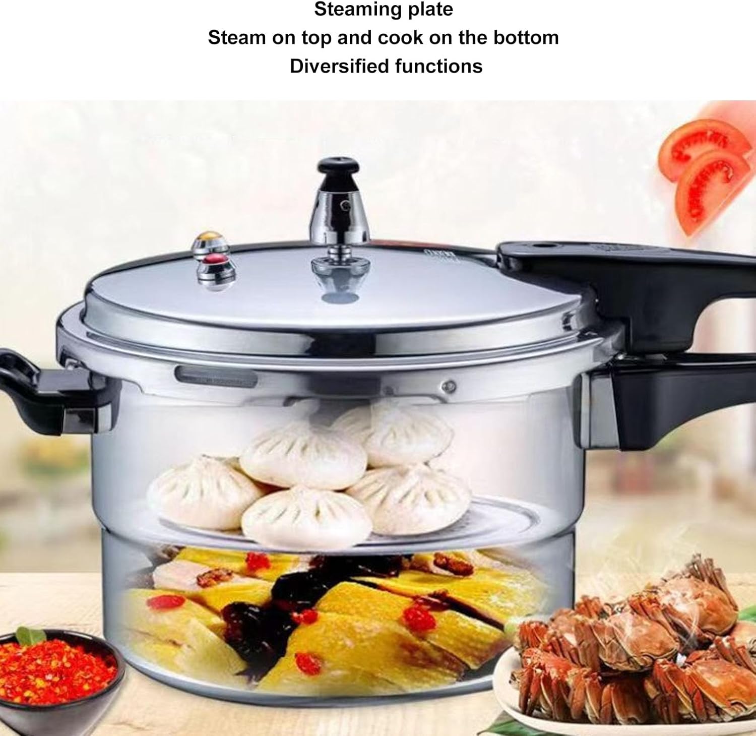 Stainless Steel Pressure Cooker, Kitchen Pressure Cooker for Induction and Stove Top, Pressure Canner with Safety Valves and Steaming Plate, Pressure Cooker for Porridge, Noodles