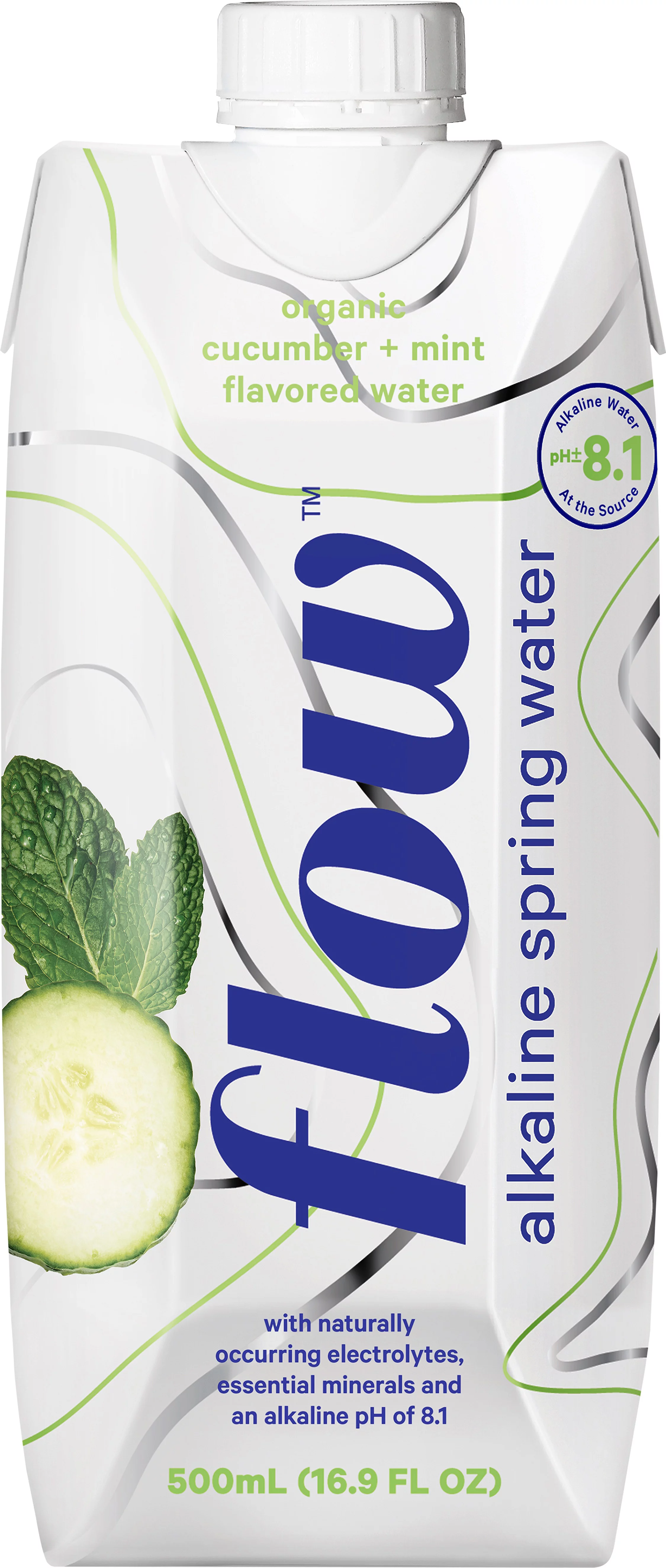 Flow Alkaline Spring Water- 100% Organic Cucumber Mint Flavored Alkaline Spring Water, 16.9 fl oz, 12 Pack Bottles