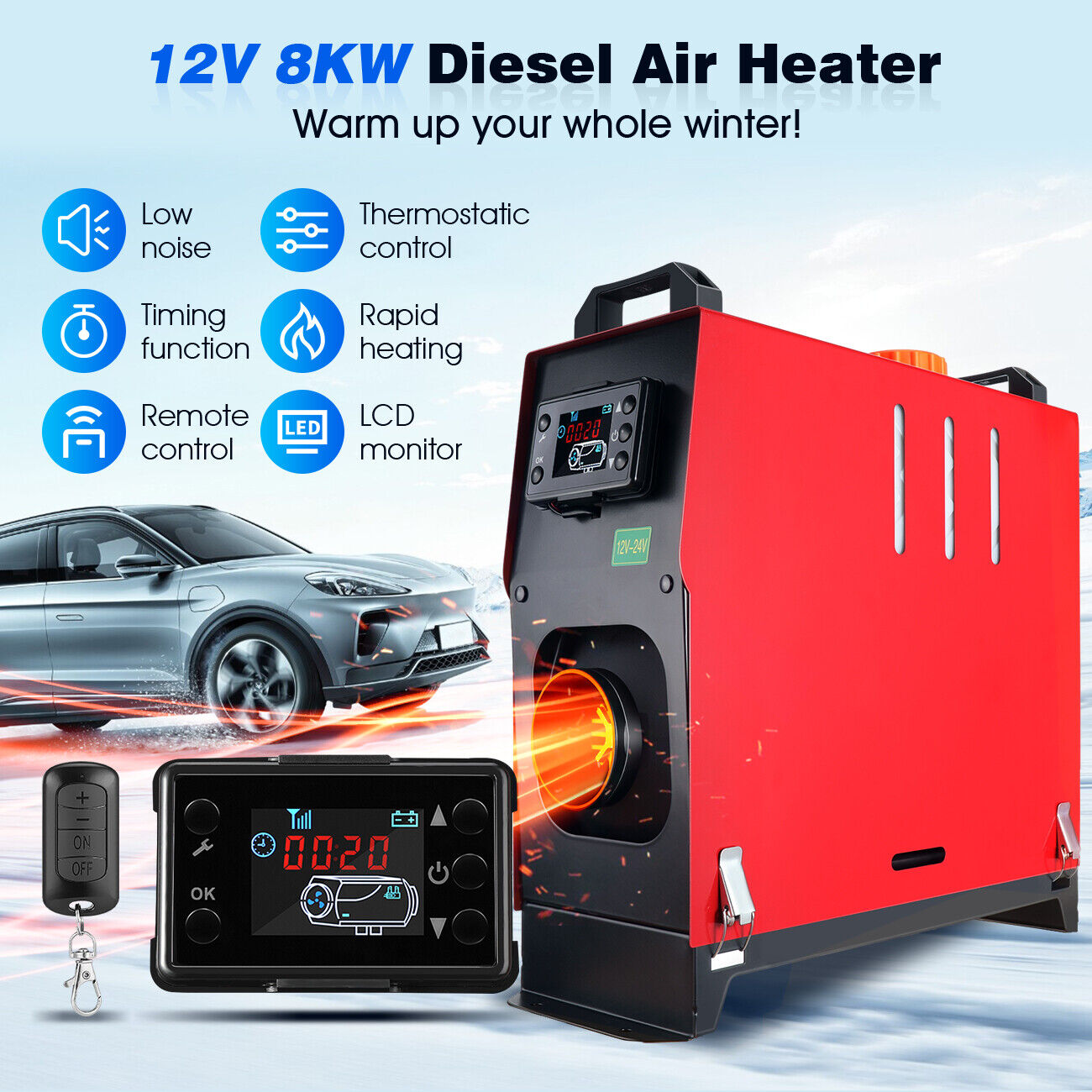 2Pcs 8KW 12V Air Diesel Heater w/ LCD Switch Car Boat Truck Quiet Parking Heater