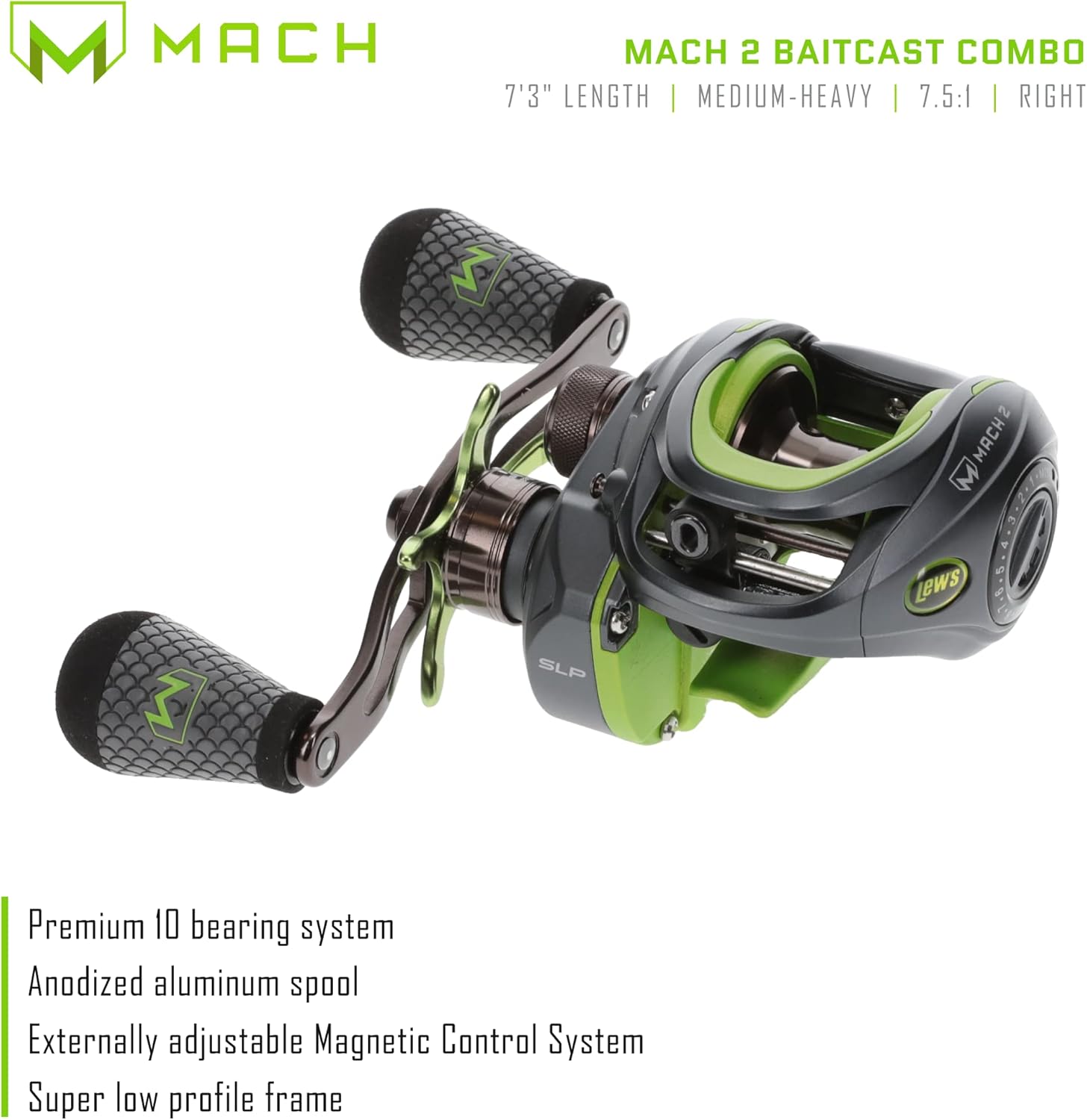 Mach Lew's 2 Casting Reel and Fishing Rod Combo, 7-Foot 3-Inch 1-Piece Premium IM8 Graphite Fishing Rod, Right-Hand Retrieve, Black/Green