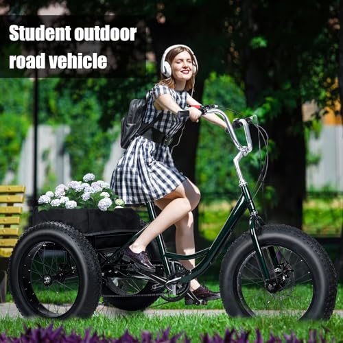 Adult Tricycles 7 Speed, Adult Trikes 20 inch 3 Wheel Fat Tire Bikes, Three-Wheeled Bicycles Cruise Trike with Shopping Basket for Seniors Women Men Shopping Picnic Outdoor Sports Black