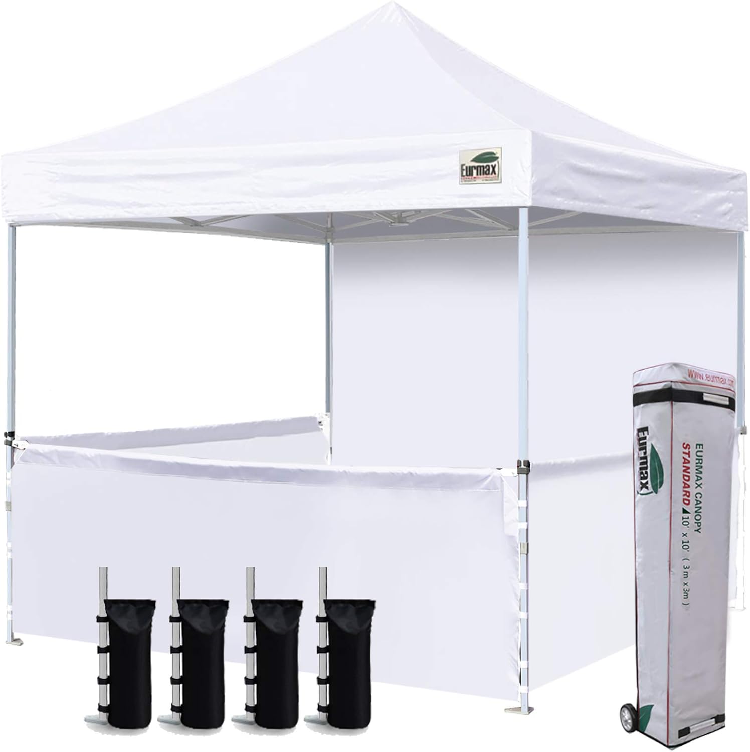 Eurmax USA 10'x10' Ez Pop-up Booth Canopy Tent Commercial Instant Canopies with 1 Full Sidewall & 3 Half Walls and Roller Bag, with 4 SandBags + 3 Cross-Bar (Grey)