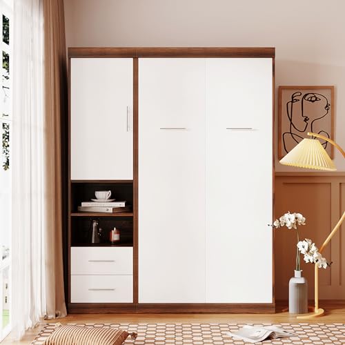 Twin Size Murphy Bed with Wardrobe and Drawers, Wood Storage Bedframe Can be Folded into a Cabinet,Versatility Bedroom Furniture, Save Space Design, No Box Spring Required.