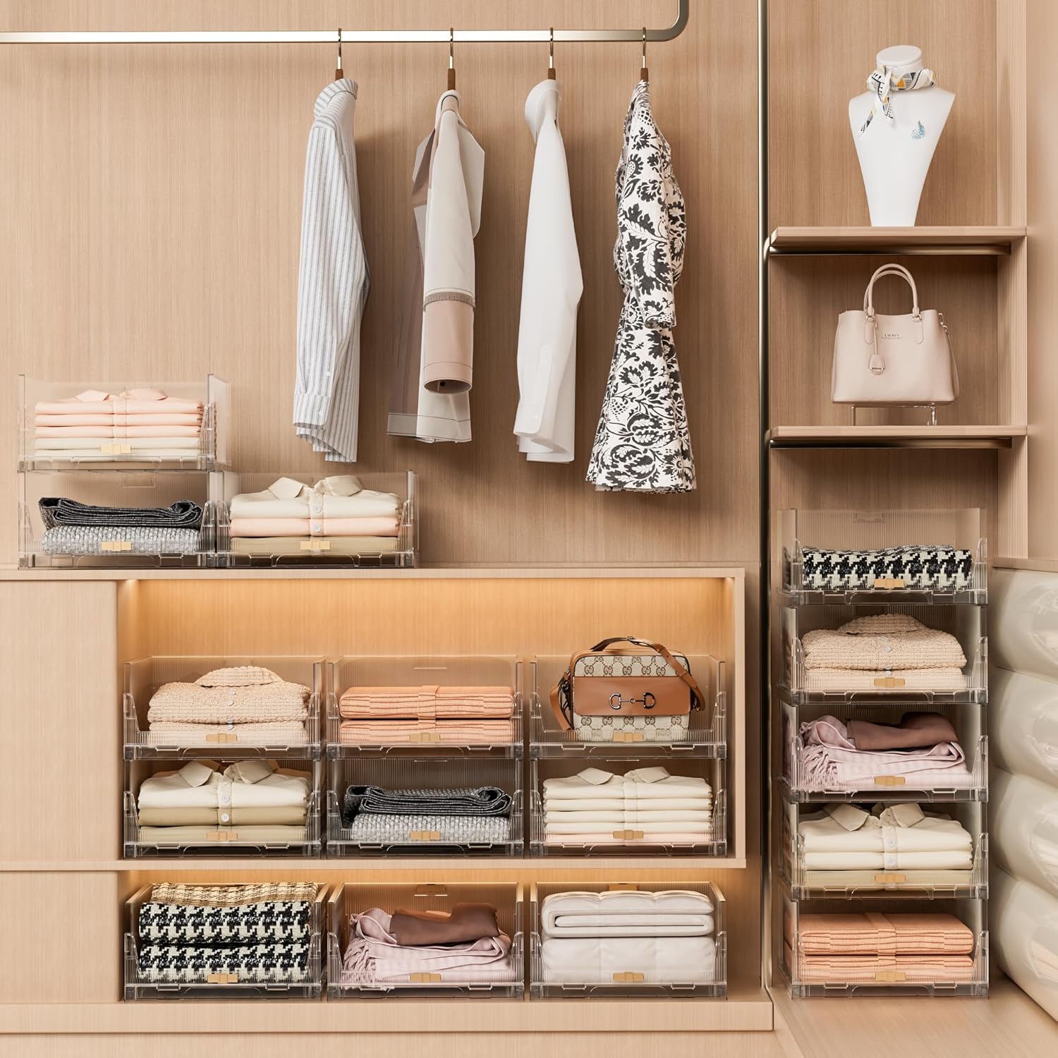 MIOPUR Stackable Closet Organizers and Storage Bins, 4 Pack Foldable Storage Drawers, Clothes Storage Organizer, Storage Container for Wardrobe Cupboard Kitchen Bathroom Office -Clear