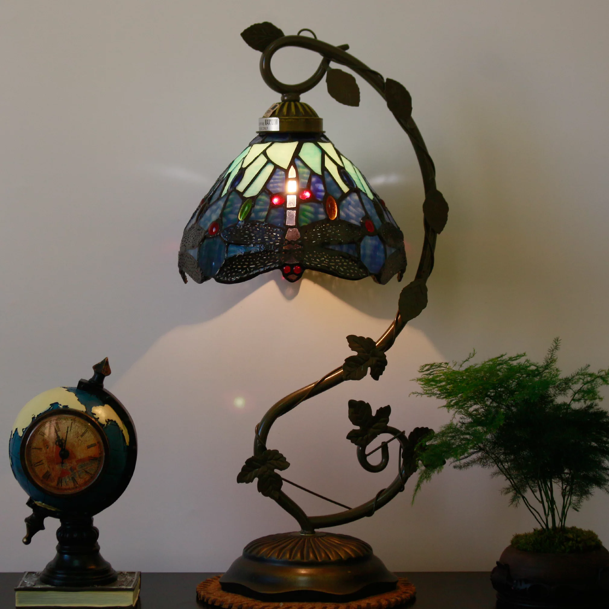 Tiffany Lamp Stained Glass Table Lamp Blue Dragonfly, Thin Bedside Lamp for Kid Bedroom Living Room with 21