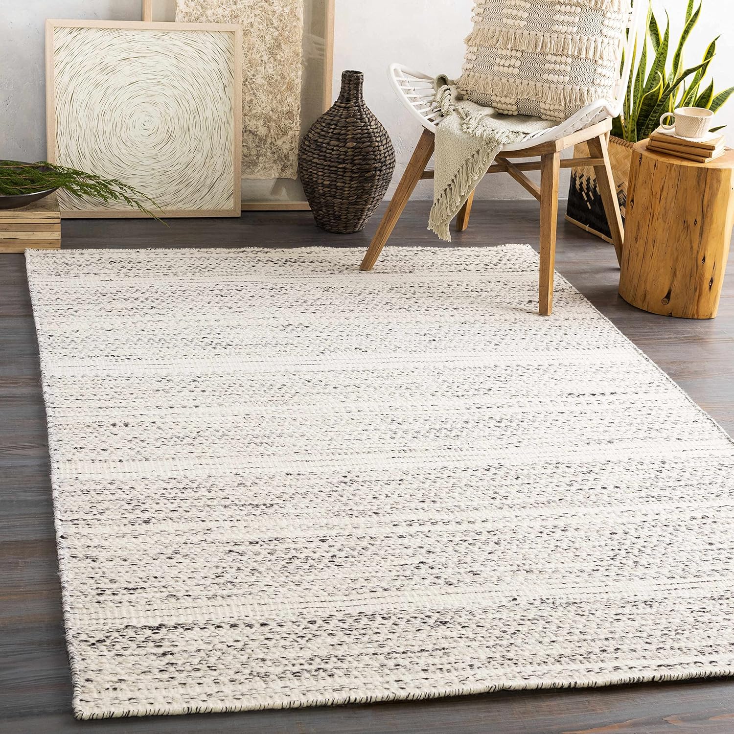 Hauteloom Williford Natural Fiber Contemporary Living Room Bedroom Large Area Rug - Moroccan Farmhouse -100% Wool - Handmade Handwoven Carpet - Bohemian No Pile - Black, Cream, Beige - 8'10