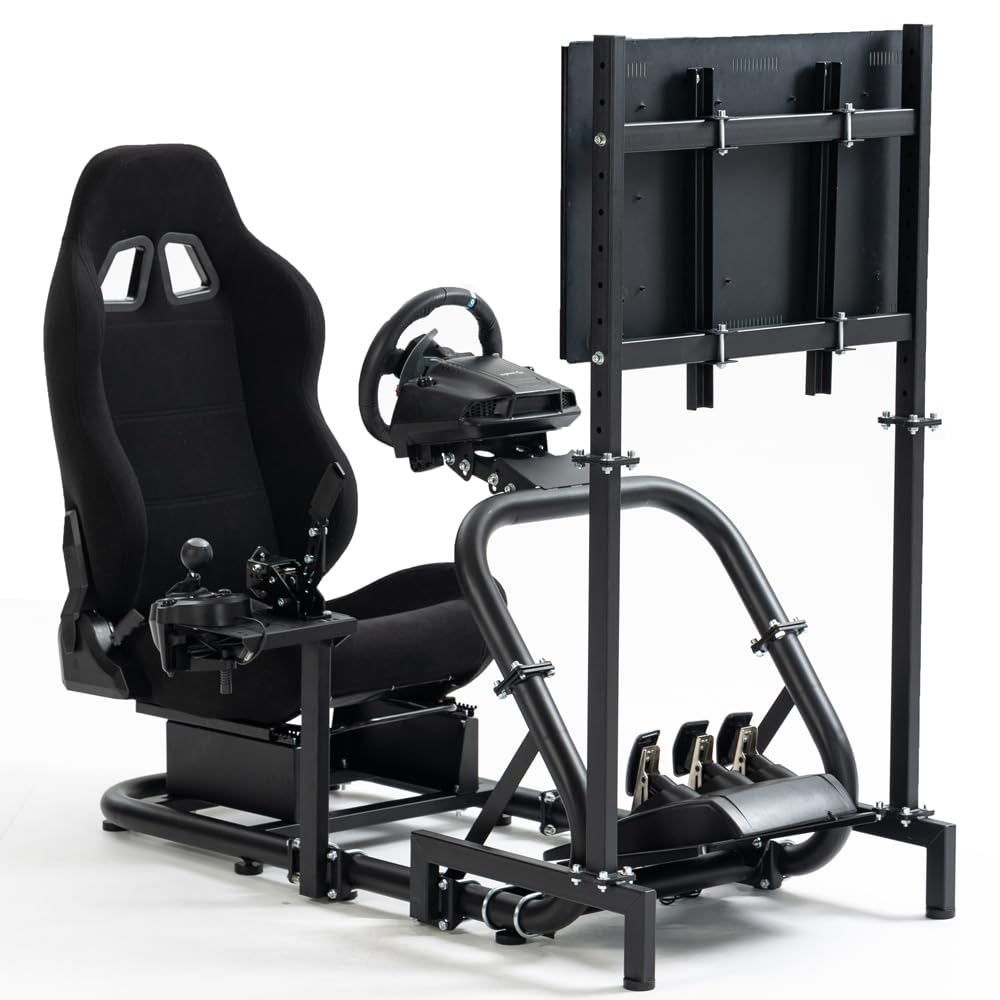 Supllueer G29 Racing Sim Cockpit with TV Stand & Seat Fit Logitech G923 G920 Fanatec Thrustmaster