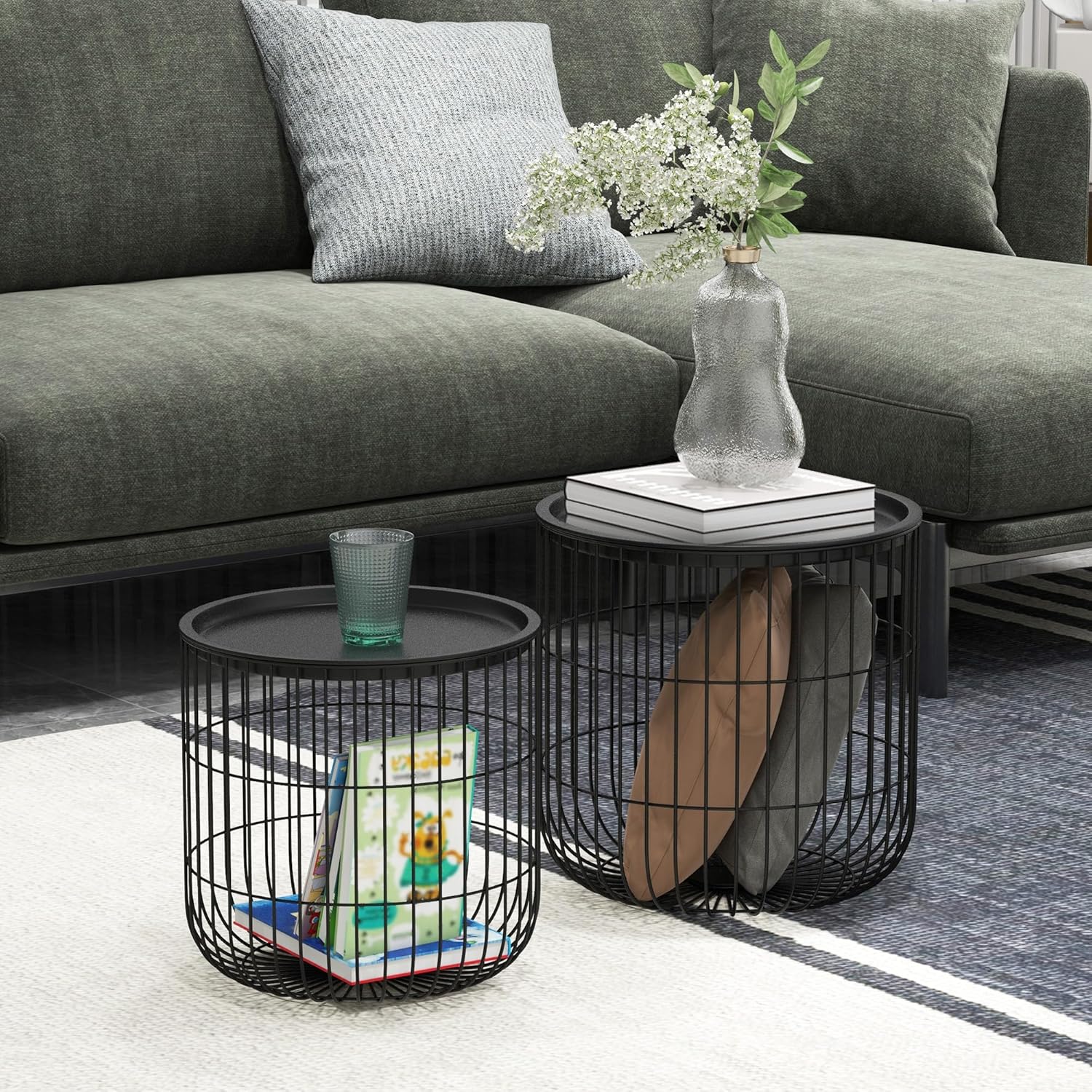 Nesting Coffee Tables, Round Coffee Table Set of 2 with Steel Wired Basket Body and Removable Top, Stacking End Tables Blanket Storage for Living Room, Black