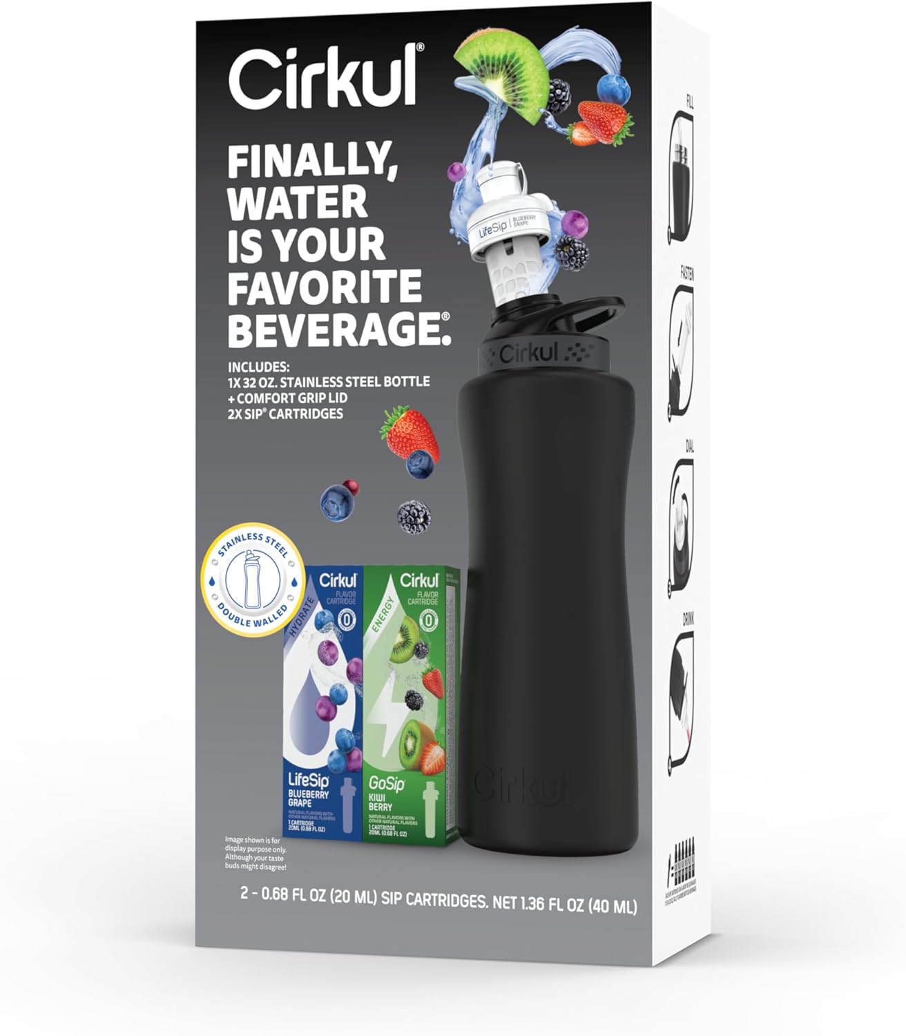 Cirkul 32oz. Matte Black Stainless Steel Water Bottle Starter Kit with Black Lid and 2 Flavor Cartridges (1 LifeSip Blueberry Grape, 1 GoSip Kiwi Berry) Zero Calories and No Sugar
