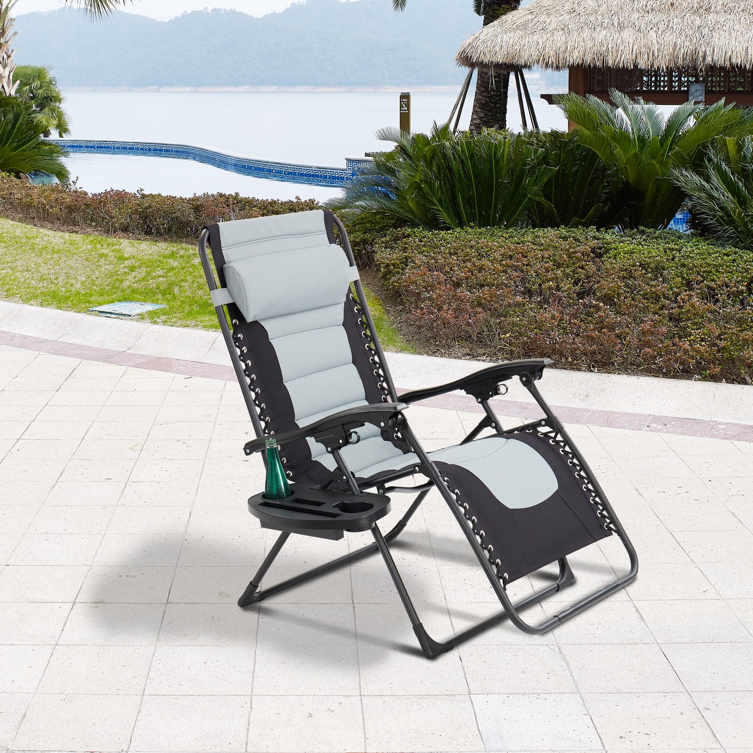 Oversized Padded Zero Gravity Folding Lounge Chair, Reclining Outdoor Patio Chair with Adjustable Headrest, Recliner Chairs for Adults, Reclining Beach Chair for Adults Support 300lbs - Gray