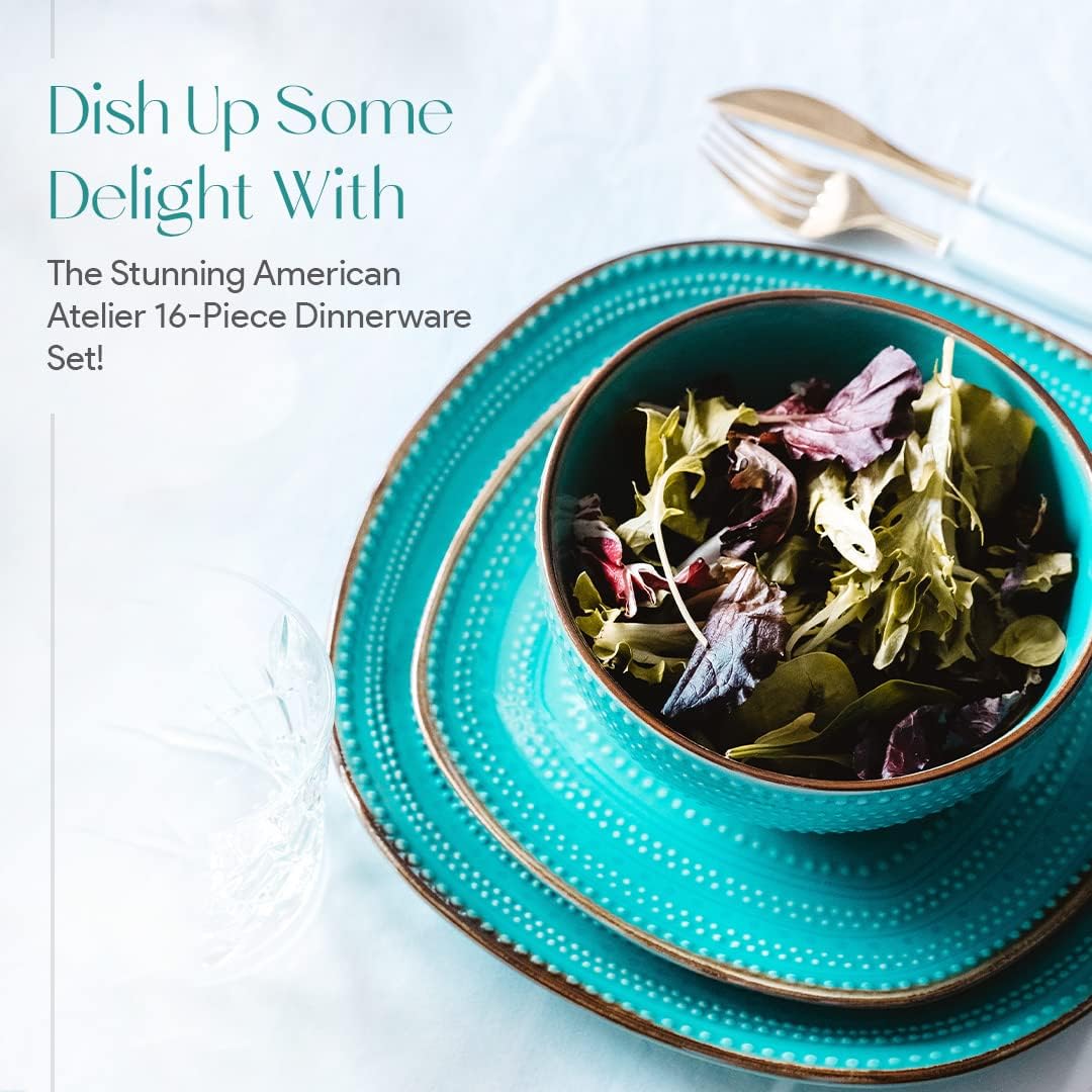 American Atelier 16-Piece Teal Stoneware Dinnerware Set - Includes Dinner Plates, Salad Plates, Bowls, Mugs