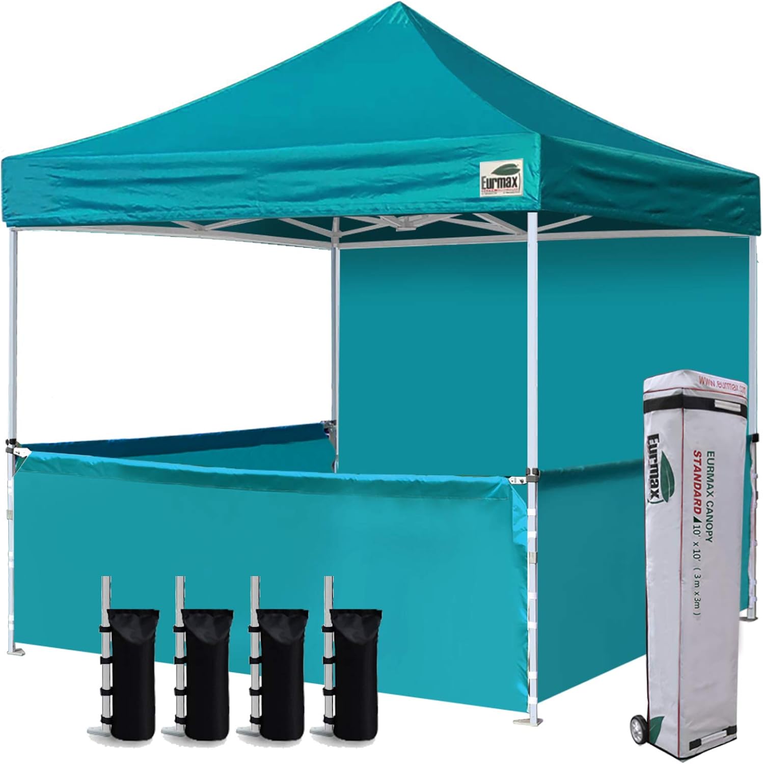 Eurmax USA 10'x10' Ez Pop-up Booth Canopy Tent Commercial Instant Canopies with 1 Full Sidewall & 3 Half Walls and Roller Bag, with 4 SandBags + 3 Cross-Bar (Grey)