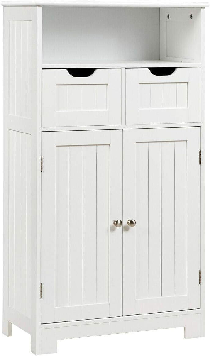 Elegant Design Multifunction Freestanding Bathroom Floor Cupboard Cabinet Storage Organize with 2 Drawer Adjustable 2 Doors Sturdy Durable for Toilet, Living Room, Bedroom, Corridor, Office White