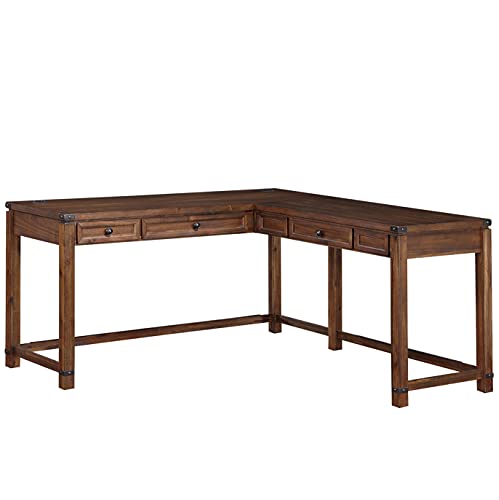 OSP Home Furnishings Baton Rouge Rustic L-Shape Office Desk with Power Port Drawer, Champagne Oak Finish