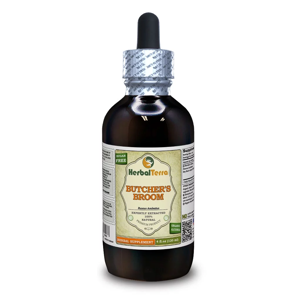 Butcher's Broom Dry Root Absolutely Natural Expertly Extracted by Trusted HerbalTerra Brand Certified Organic Alcohol-Based Liquid Extract. Proudly made in USA. Tincture 4 Fl.Oz
