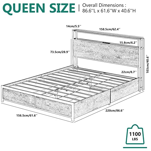 Gitua Full Size Bed Frame with Storage Drawers - Led Lights and Charging Station Metal Bed Frame with Headboard, No Box Spring Platform Bed Frame Wood, Rustic Brown