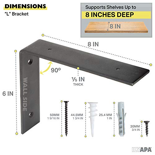 Ilyapa Heavy Duty Floating Shelf Brackets, 4 Pack, Rustic Iron - 6x10 Inch Black Metal Shelf Holders for Wall Mount Shelves