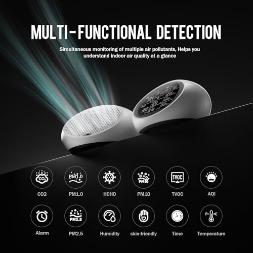 12 in 1 Air Quality Monitor Indoor- Portable Indoor Air Quality Meter for CO2, TVOC, PM2.5, PM1.0, PM10, Temperature, Humidity & Time Display, Air Quality Tester for Home 【Dual Chip & High Accuracy】