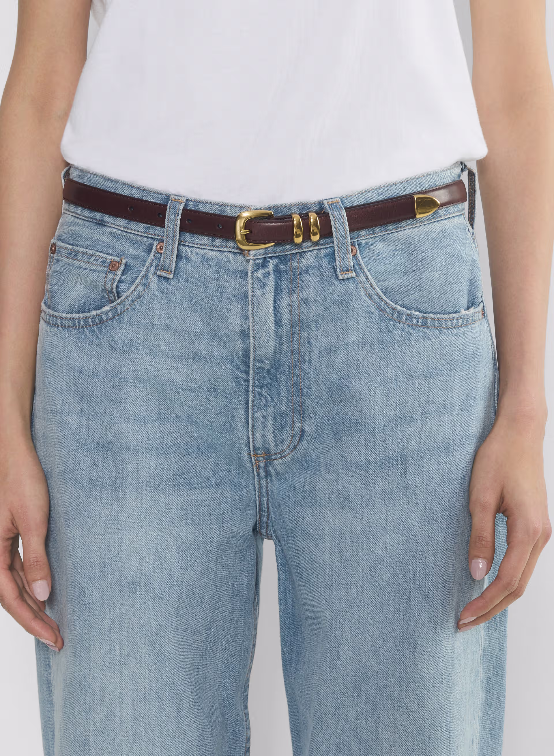 Legendary Solid Brass Leather Slim Belt - ARITZIA OUTLET